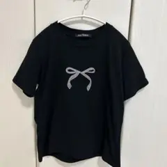 リボンモチーフ ラインストーン 黒 半袖Tシャツ
