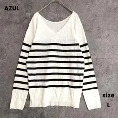 AZUL　アズール 長袖　ボーダーニット　Vネック　アクリル　黒白　L