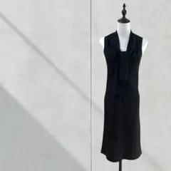 3557【J&R】ワンピース　ドレス　ノースリーブ　胸元リボン　ひざ下丈　黒