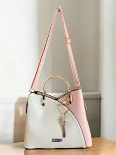 ピンクホワイト 2wayトートバッグ ショルダー付き レディース