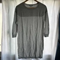 グレーと白のストライプ 七分袖ワンピース