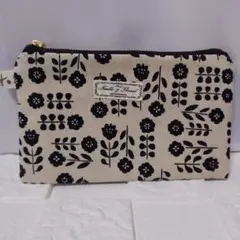 フラットポーチ モノクロ花柄