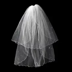 新品結婚式上品ホワイトフリルパール白ミドル丈ウエディングベール櫛コーム付シンプル