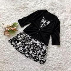 ✨美品✨ (F) チュニック 七分袖 ドッキングトップス 切替 花柄 フェミニン