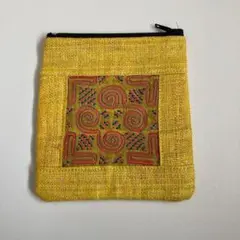 麻 財布 刺繍 ファスナー付き リネン ポーチ 小銭入れ