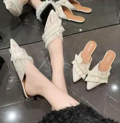 24cm フラットパンプス レース パール付き ミュール風サンダル ホワイト