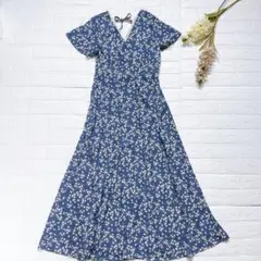 【美品】GRL 半袖 カシュクール ロングワンピース 小花柄 くすみブルー