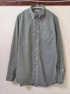 【GU】Mサイズ（L）・メンズ長袖シャツ・ダークグリーン緑×白ギンガムチェック