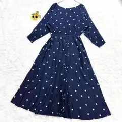 LA-BRES【M】ドット　水玉　長袖フレアワンピース　背面Vカット　ネイビー