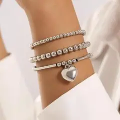 ♥️売れてます♥️シルバー ビーズ　ハート　ブレスレット　3点セット　海外　銀