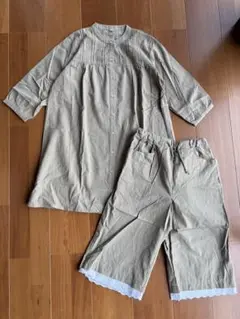 レディース パジャマ 綿100％ 上下セット 七分袖 カーキ　 レース　パンツ