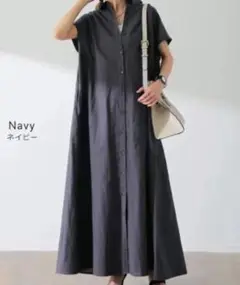 レディース半袖綿麻ロングシャツワンピース ネイビー 前開きゆったり体型カバー