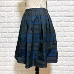 ナチュラルビューティー ひざ丈スカート 38 黒 青 チェック フレア 美品