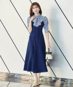 andcouture ヨーク切替ギンガムボウタイワンピース ネイビー 38
