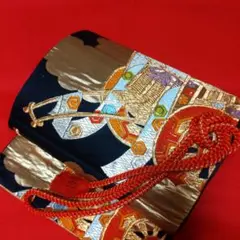 逸品 豪華正絹六通袋帯 未仕立て✿ブラック✿御所車縁起尽くし✿ 振り袖