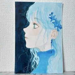 手描きイラスト、ハガキサイズ、女性の横顔