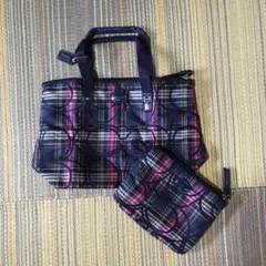 COACH ネイビー ピンク チェック柄 トートバッグ　ポーチ　セット