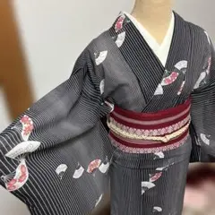 全手縫い　夏着物 絽　ポリエステル　黒　扇子柄　薄物　単品
