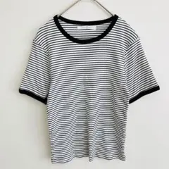 【美品】AQUA LEAF アクアリーフ ストライプ リブ 半袖Tシャツ フリー