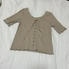 ベージュ リブ編み 半袖トップス レースアップ