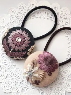 インド刺繍 くるみボタン38㎜ ヘアゴム 2個セット K