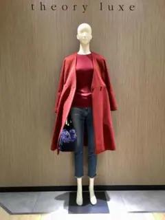 【定価約8万円】セオリーリュクス ノーカラーロングコート レッド 38