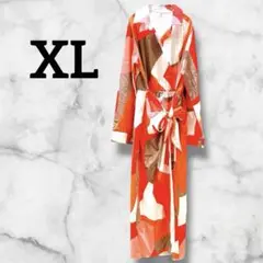 【XL】赤オレンジ 抽象柄 ロングワンピース 長袖ワンピース シャツ