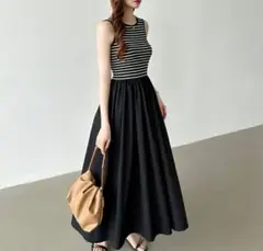 【新品】ワンピース ドッキング ロングワンピース ノースリーブ ボーダー M