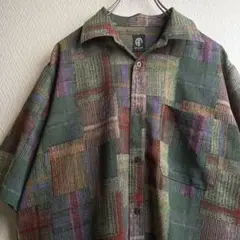 古着 レトロ シャツ 柄シャツ ガラシャツ 総柄 デザインシャツ グリーン 半袖