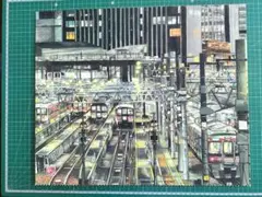 夜の名鉄名古屋車両区　水彩画 F8サイズ（38✕45.5cm）