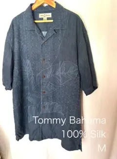 【Tommy Bahama】100%シルク半袖シャツ Mブルー織柄大人の高級感