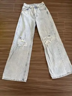 ダメージ加工 ワイドレッグデニム 34