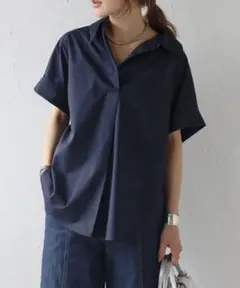 Bonjour Saganロールアップスキッパーシャツネイビー
