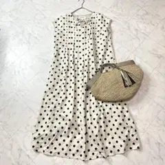 美品✨Dessin リネン混　ベージュ　水玉　ワンピース　ノースリーブ　ボウタイ