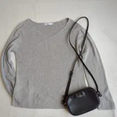 バックナンバー◇リブ素材カットソー Vネック 薄手ニット トップス L