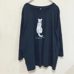 猫デザイン 9分袖Tシャツ コットン ネイビー 3L