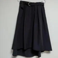 【Мサイズ】アシンメトリー フレアロングスカート ベルト付き ブラック