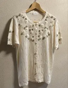 半袖　カーディガン 花モチーフ　サマーニット　麻混み　ロリータ