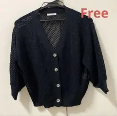 【未使用】透かし編み Vネック カーディガン 七分丈　黒　Free