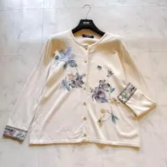 美品✨レオナール シルクカシミヤカーディガン 花柄 トリム 大きいサイズLL