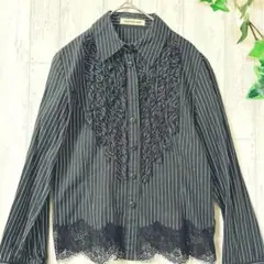 美品✨neuf cent neuf フリルシャツ 裾レースブラックストライプ