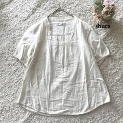 シュカ アイボリー 半袖シャツ M 綿麻 透け感 shuca