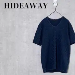HIDEAWAY　チェック柄Vネックカットソー　半袖　ネイビー　サイズ46(M)