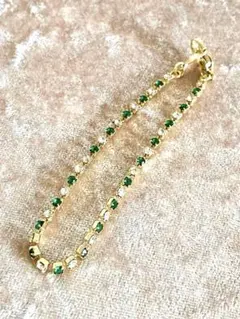 【中古品】ブレスレット(緑と透明ストーン 金色)