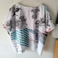 手ぬぐいリメイクTシャツ　浴衣生地　S〜Lサイズ対応　白　ゆるだぼ　綿