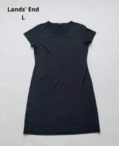 Lands' End ブラック 半袖 ひざ丈ワンピース　ウォッシャブル　サラサラ