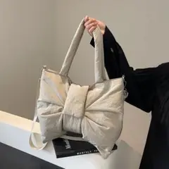 リボンデザイン ベージュショルダーバッグ