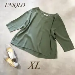 UNIQLO ／オリーブグリーン Vネック プルオーバーブラウス七分袖 XL