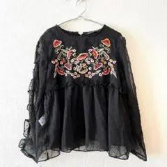 ☆【BBWM WOMAN】ブラウス 花柄刺繍 切替フリル 裏地有 ドット柄 M