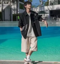 【人気急上昇】黒　カッターシャツ　メンズ　XL　秋コーデ　韓国　ゆったり